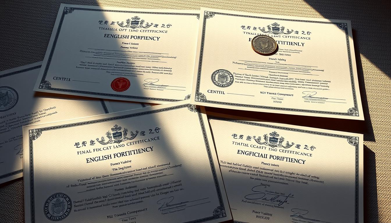 A meticulously detailed composition of official English proficiency certificates, laid out in a formal, authoritative manner. The certificates feature official seals, security holograms, and embossed insignia, conveyed through a photorealistic, high-resolution rendering. The overall scene is illuminated by warm, directional lighting, casting subtle shadows and highlights to emphasize the authenticity and legitimacy of the documents. The certificates are presented against a neutral, minimalist background, allowing the official elements to take center stage. The mood is one of institutional credibility and professional documentation, befitting the use of these certificates in a visa application process. A meticulously detailed composition of official English proficiency certificates, laid out in a formal, authoritative manner. The certificates feature official seals, security holograms, and embossed insignia, conveyed through a high-resolution rendering. The overall scene emphasize the authenticity and legitimacy of the documents. The certificates are presented against a neutral, allowing the official elements to take center stage. The mood is one of institutional credibility and professional documentation, befitting the use of these certificates in a visa application process.