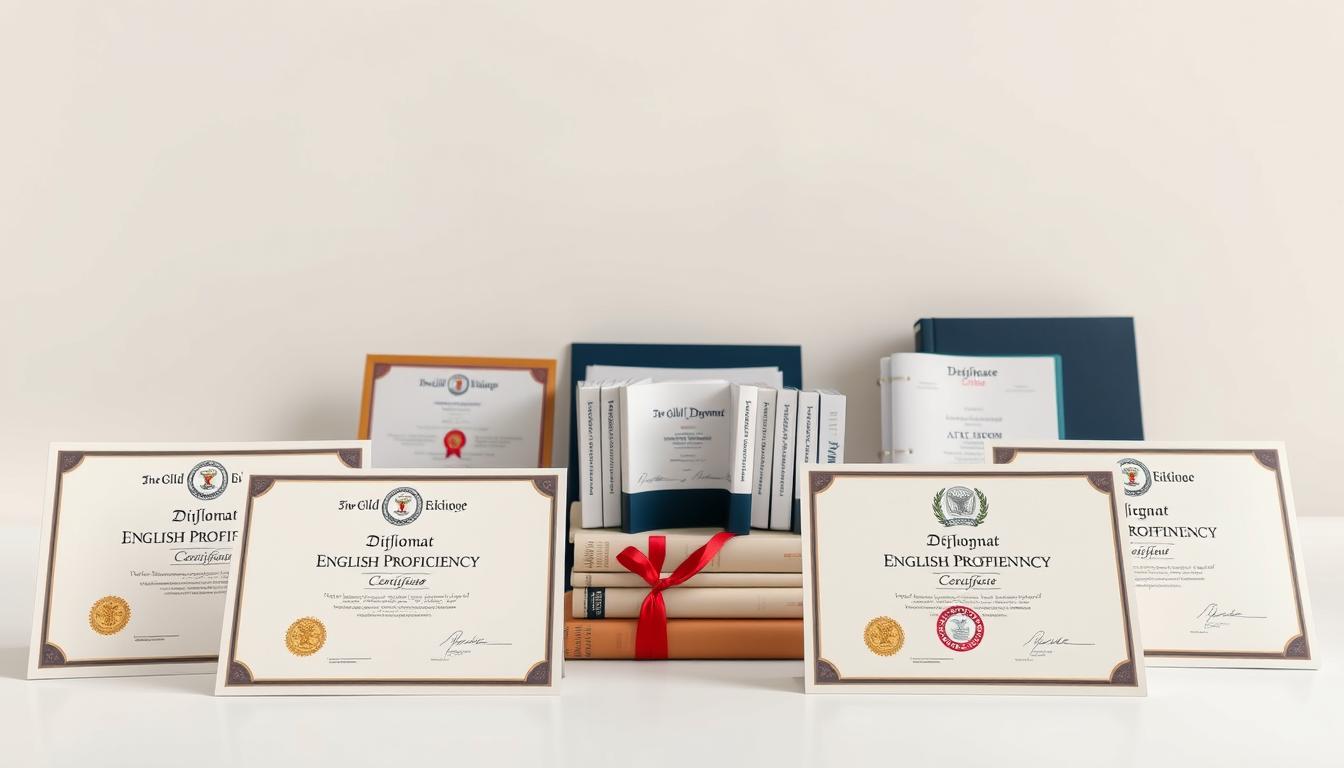 A still life composition showcasing various English proficiency certifications against a clean, neutral background. In the foreground, several official-looking diplomas and exam certificates are neatly arranged, their seals and crests conveying a sense of prestige and legitimacy. The middle ground features a selection of test preparation books and study materials, required to obtain these qualifications. The background is softly lit, with a subtle vignette effect creating a sense of depth and focus on the central elements. The overall atmosphere is one of academic achievement, professionalism, and the importance of demonstrating English language competency. A still life composition showcasing various English proficiency certifications against a clean, neutral background. In the foreground, several official-looking diplomas and exam certificates are neatly arranged, their seals and crests conveying a sense of prestige and legitimacy. The middle ground features a selection of test preparation books and study materials, hinting at the rigor and dedication required to obtain these qualifications. The background is softly lit, with a subtle vignette effect creating a sense of depth and focus on the central elements. The overall atmosphere is one of academic achievement, professionalism, and the importance of demonstrating English language competency.